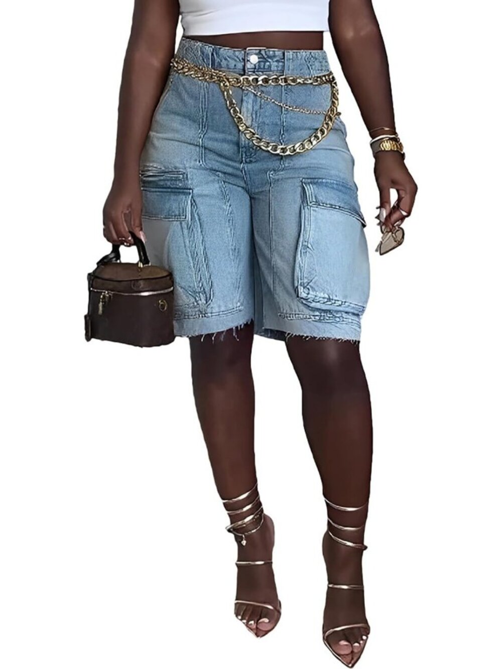 High Waisted Distressed Denim Cargo Shorts for Women | Casual Jean Shorts with